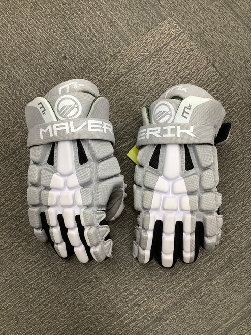 Vist Large View of Product Image Which is Used Maverik MX Lacrosse Gloves Junior Grey SM