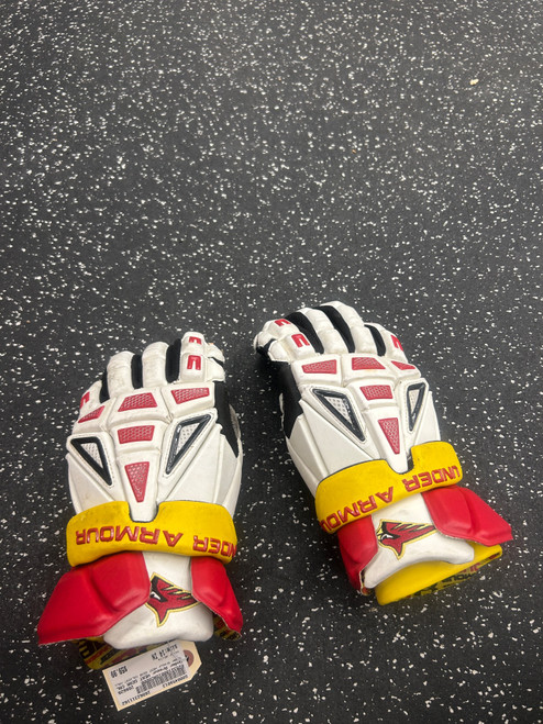 Vist Large View of Product Image Which is Used Under Armour HEAT GEAR CALVERT HALL Lacrosse Gloves Mens White 14"