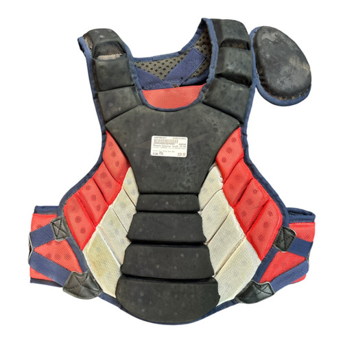 Vist Large View of Product Image Which is Used Mizuno SAMURAI YTH 14 NOCSAE CHEST Catchers Chest Protector Navy Blue And Red Youth