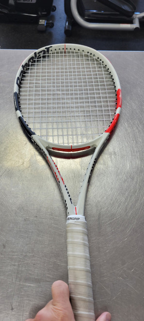Vist Large View of Product Image Which is Used Babolat PURE STRIKE TEAM Adult Tennis Racquet White 4 3/8"