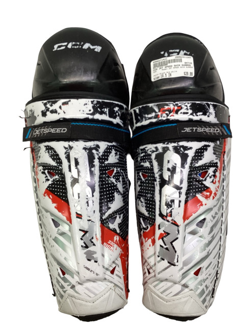 Vist Large View of Product Image Which is Used CCM JET SPEED SHIN GUARDS Intermediate Shin Guards Black And White 18 1/2"