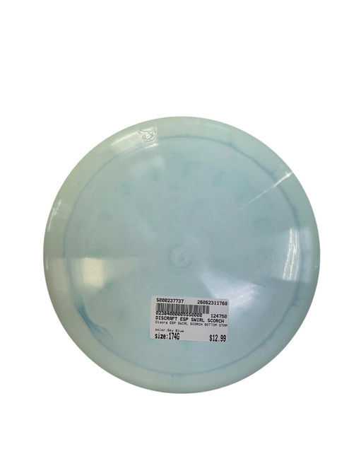 Vist Large View of Product Image Which is Used Discraft ESP SWIRL SCORCH BOTTOM STAMP Disc Golf Driver Sky Blue 174g