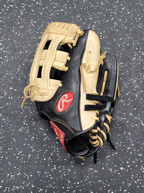 Vist Large View of Product Image Which is Used Rawlings GG ELITE BB/SB Glove RH Throw Black And Tan 12"