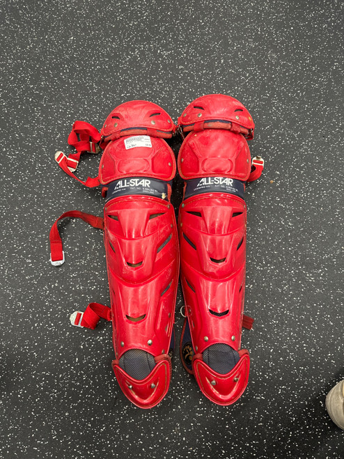 Vist Large View of Product Image Which is Used All-Star LG30WPRO Catchers Leg Guards Red Adult