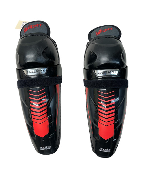 Vist Large View of Product Image Which is Used Bauer LIL SPORT Junior Shin Guards Black And Red 12"