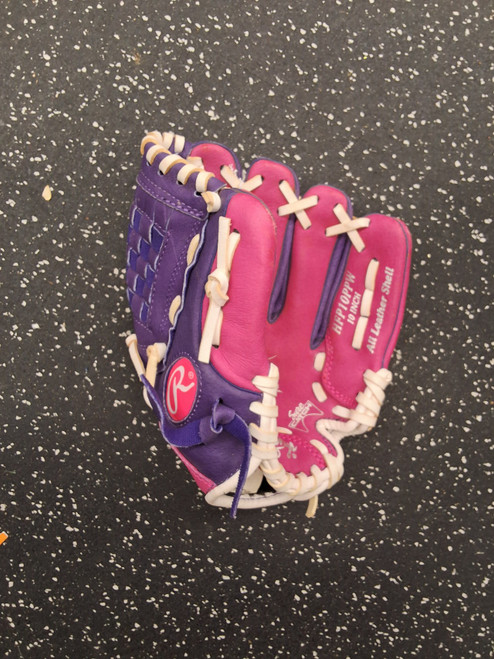 Vist Large View of Product Image Which is Used Rawlings HIGHLIGHT HFP10PPW BB/SB Glove RH Throw Purple 10"