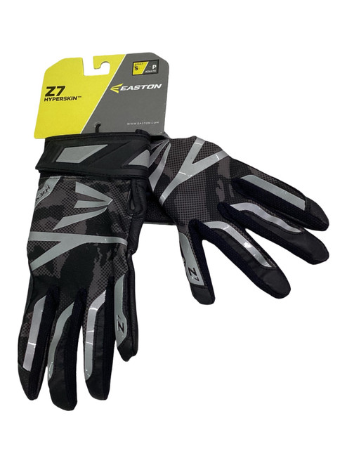 Vist Large View of Product Image Which is Used Easton Z7 HYPERSKIN BATTING GLOVES BB/SB Accessory Black And Grey SM