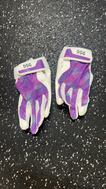 Vist Large View of Product Image Which is Used Dsg BB/SB Batting Gloves Purple And White XS