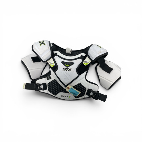 Vist Large View of Product Image Which is Used STX CELL V Lacrosse Shoulder Pads White LG