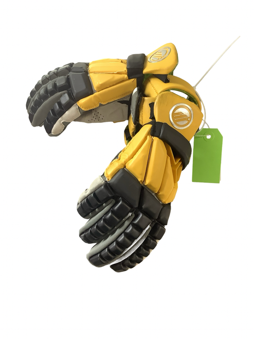 Vist Large View of Product Image Which is Used Maverik MAX Lacrosse Gloves Mens Black And Gold 13"