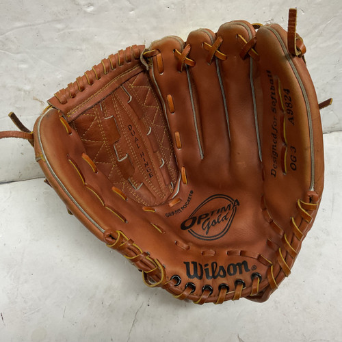 Vist Large View of Product Image Which is Used Wilson Optima Gold OG3 A9824 Slowpitch Glove RH Throw Brown 13"