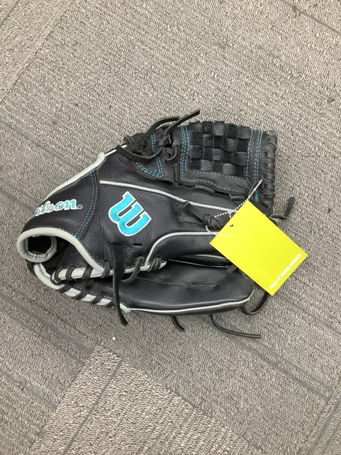 Vist Large View of Product Image Which is Used Wilson SIREN RH Throw Fastpitch Gloves Black 12"