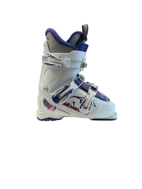 Vist Large View of Product Image Which is Used Nordica TEAM 3 FIRE ARROW SZ 21.5 Girls DH Ski Boot White And Purple 215 MP - J03