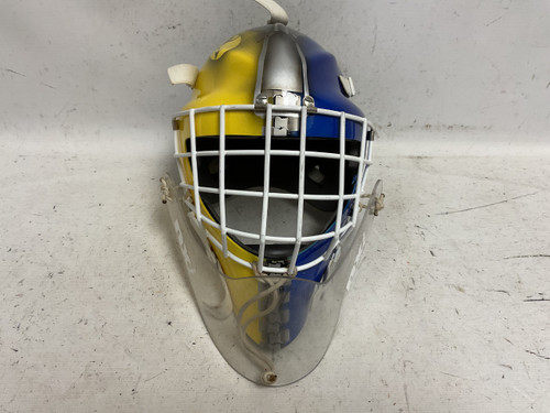 Vist Large View of Product Image Which is Used REY CUSTOM Senior Goalie Helmet/Mask Royal Blue And Yellow One Size