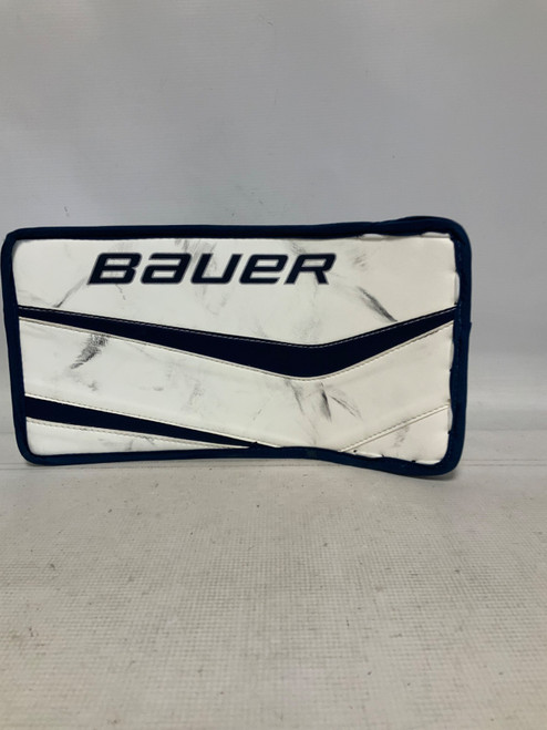 Vist Large View of Product Image Which is Used Bauer REACTOR 9000 Inter Goalie Blocker White And Navy Blue