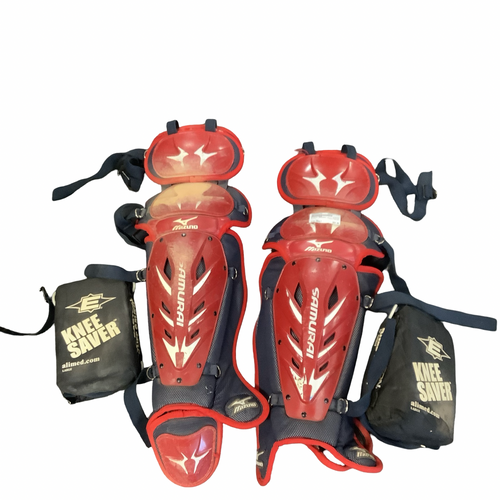 Vist Large View of Product Image Which is Used Mizuno SAMURAI Catchers Leg Guards Red Adult