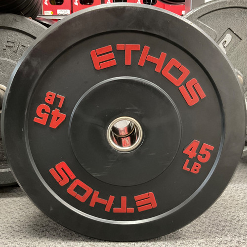 Vist Large View of Product Image Which is Used Ethos Olympic Bumper Plate Black And Red 45 lb