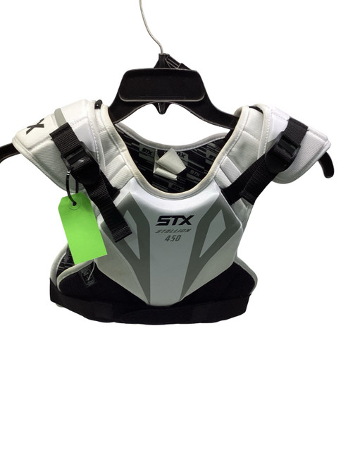 Vist Large View of Product Image Which is Used STX STALLION 450 MEDIUM SHOULDER PADS Lacrosse Shoulder Pads White MD