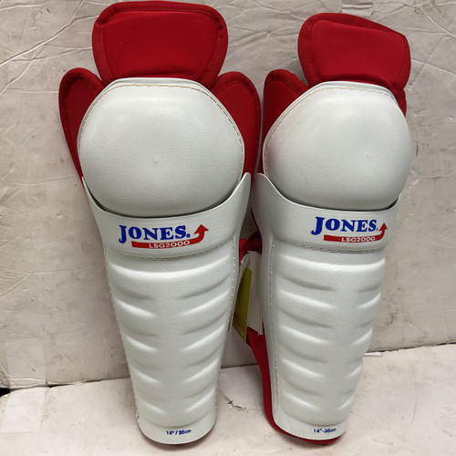 Vist Large View of Product Image Which is Used JONES LSG2000 Senior Shin Guards White/Royal/Red 14"
