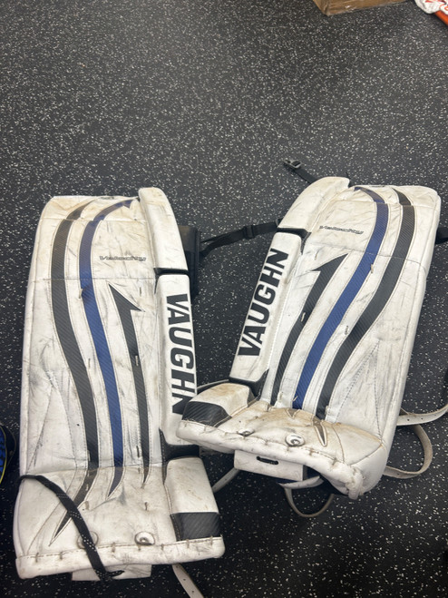 Vist Large View of Product Image Which is Used Vaughn VELOCITY Goalie Leg Pads Senior White 34 1/2"