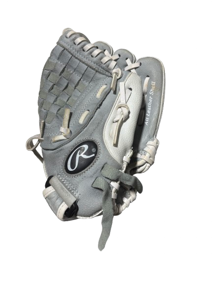 Vist Large View of Product Image Which is Used Rawlings RAWLINGS HIGHLIGHT SERIES 10.5 IN RHT BB/SB Glove RH Throw Grey And White 10 1/2"