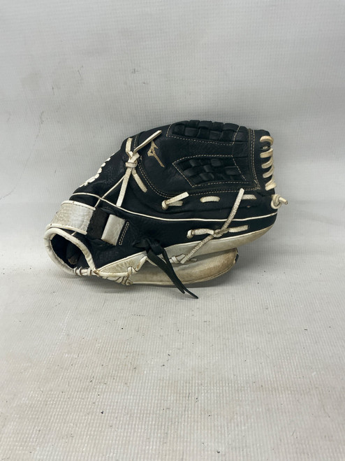 Vist Large View of Product Image Which is Used Mizuno GSP1201F3BK RH Throw Fastpitch Gloves Black And White 12"