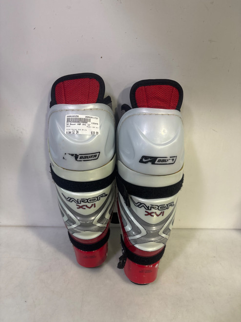 Vist Large View of Product Image Which is Used Bauer VAP XVI Junior Shin Guards Maroon And White 12"