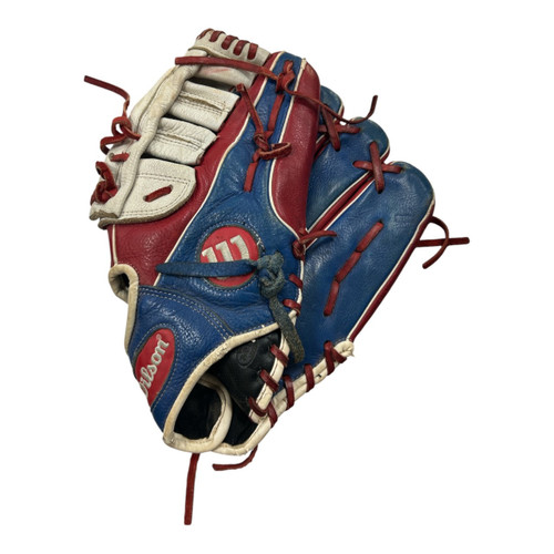 Vist Large View of Product Image Which is Used Wilson A05RB17125 RHT GLOVE BB/SB Glove RH Throw White/Royal/Red 12 1/2"