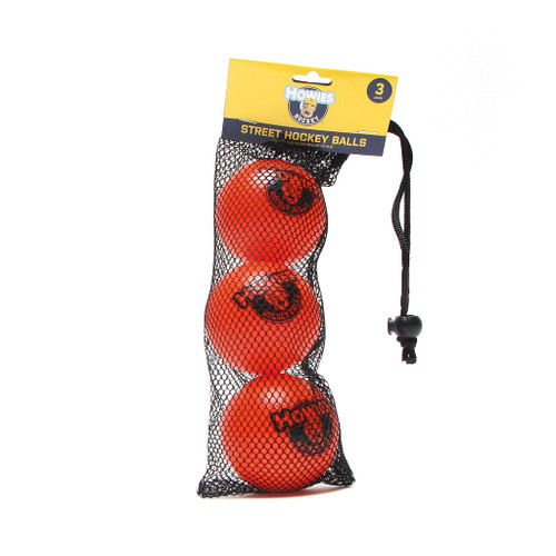 Vist Large View of Product Image Which is Howies Hockey street hockey balls 3-pack in mesh bag, orange