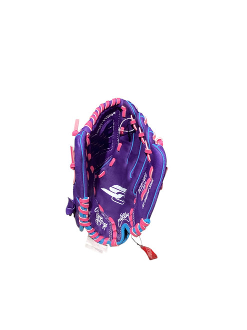 Vist Large View of Product Image Which is Used Rawlings SCSB110PU RH Throw Fastpitch Gloves Purple 11"