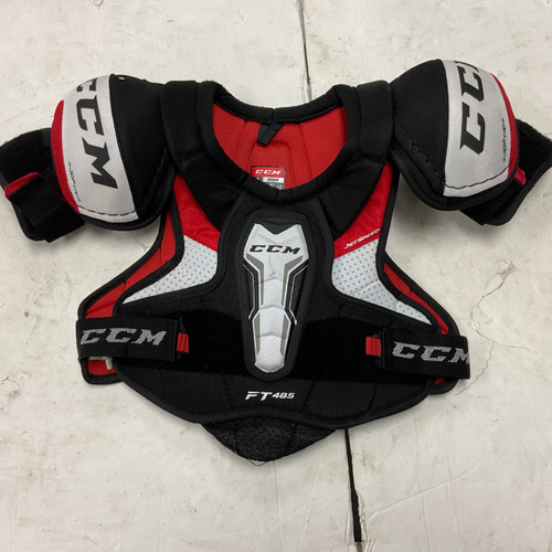 Vist Large View of Product Image Which is Used CCM JETSPEED FT485 Junior Shoulder Pads White/Black/Red MD
