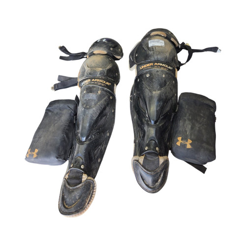Vist Large View of Product Image Which is Used Under Armour SHINGUARDS W/ KNEE SAVERS Catchers Leg Guards Black Adult