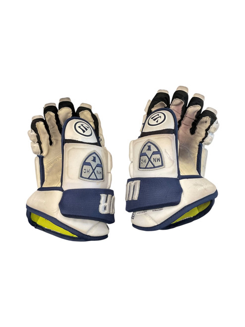 Vist Large View of Product Image Which is Used Warrior ALPHA PRO Senior Gloves White And Navy Blue 13"