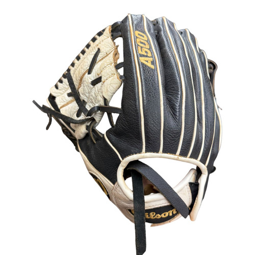 Vist Large View of Product Image Which is Used Wilson A500 SIREN LH Throw Fastpitch Gloves Black 12"