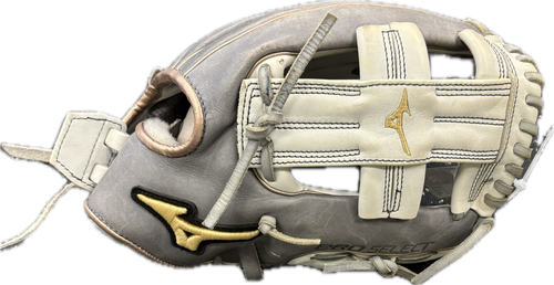 Vist Large View of Product Image Which is Used Mizuno GPSF2GWD-1200 RH Throw Fastpitch Gloves Grey And White 12"