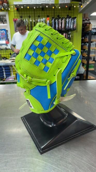 Vist Large View of Product Image Which is Used Marucci GLOVE BB/SB Glove RH Throw Royal Blue And Lime Green 9"