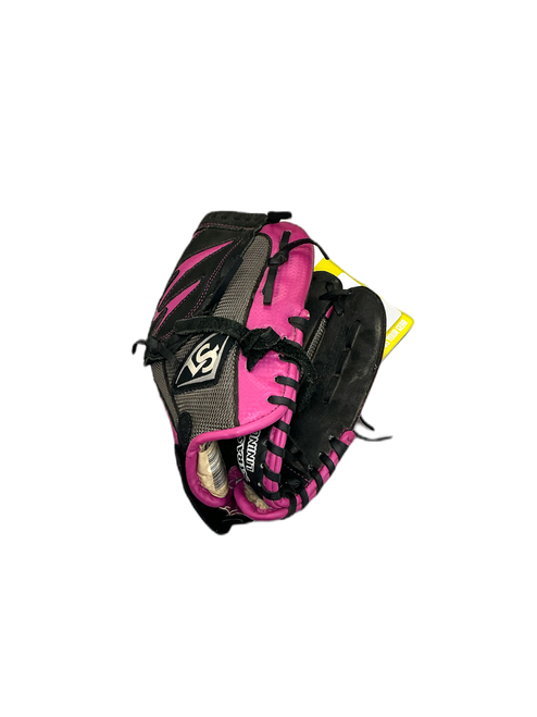 Vist Large View of Product Image Which is Used Louisville Slugger DIVA RH Throw Fastpitch Gloves Black And Pink 10 1/2"