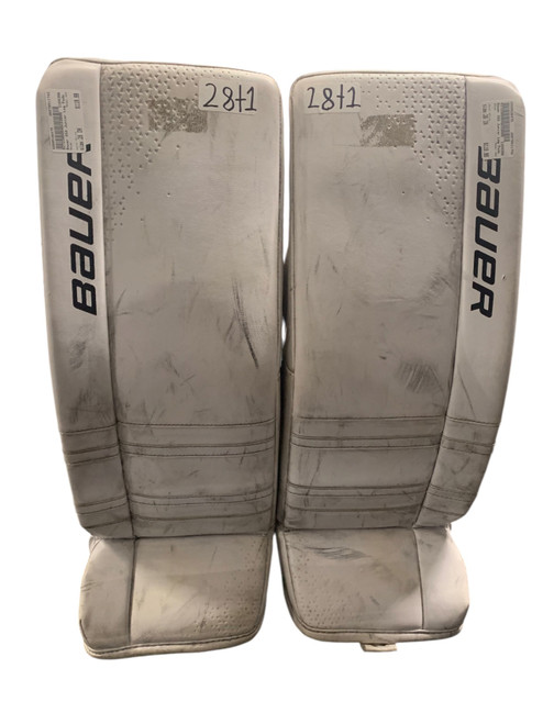 Vist Large View of Product Image Which is Used Bauer GSX Goalie Leg Pads Junior White 28+1”