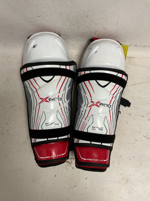 Vist Large View of Product Image Which is Used Bauer VAPOR X800 Senior Shin Guards White/Black/Red 14"