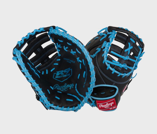 Vist Large View of Product Image Which is New R9 SERIES 13IN LHT 1ST BASE MITT BLACK/COLUMBIA BLUE BASEBALL