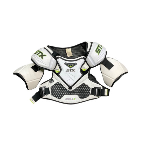 Vist Large View of Product Image Which is Used STX CELL V Lacrosse Shoulder Pads White LG