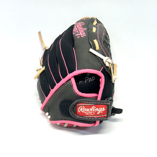 Vist Large View of Product Image Which is Used Rawlings STORM RH Throw Fastpitch Gloves Black And Pink 10"