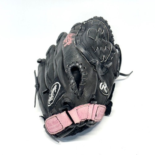 Vist Large View of Product Image Which is Used Rawlings PP115PB RH Throw Fastpitch Gloves Black And Pink 11 1/2"
