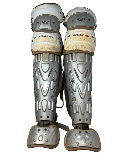Vist Large View of Product Image Which is Used Rawlings VELO Catchers Leg Guards White And Grey Adult