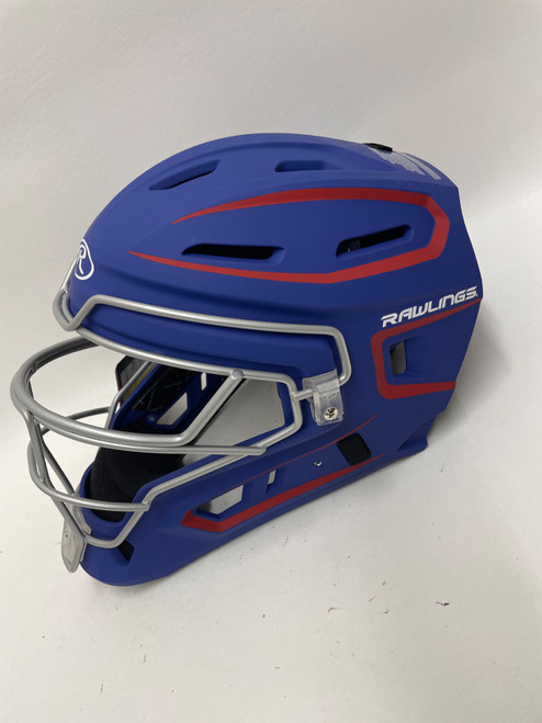 Vist Large View of Product Image Which is Used Rawlings VELO 2.0 Catchers Helmet w/Mask Navy Blue And Red LG