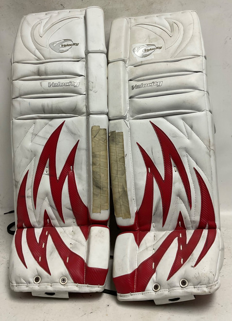 Vist Large View of Product Image Which is Used Vaughn VELOCITY 7700 Goalie Leg Pads Senior White And Red 34"