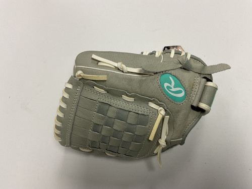 Vist Large View of Product Image Which is Used Rawlings SCS110M RH Throw Fastpitch Gloves Silver 11"