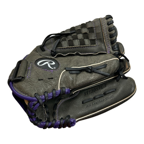 Vist Large View of Product Image Which is Used Rawlings ST12DSPUR RHT GLOVE BB/SB Glove RH Throw Black And Purple 12"
