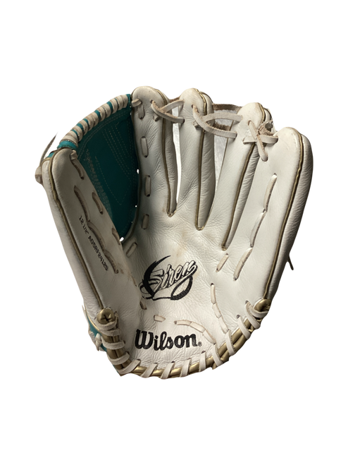 Vist Large View of Product Image Which is Used Wilson A500 SIREN RH Throw Fastpitch Gloves White 12 1/2"