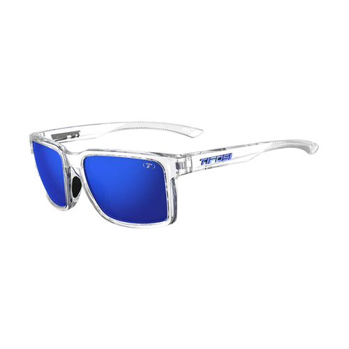 Vist Large View of Product Image Which is New Tifosi Sylo Biking Glasses- Crystal Clear Frame/Cobalt Blue Mirror Lens